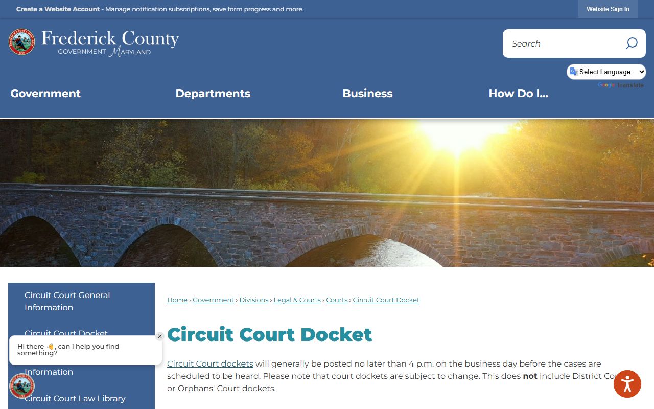 Frederick County Circuit Court docket page maintained with the clerk records