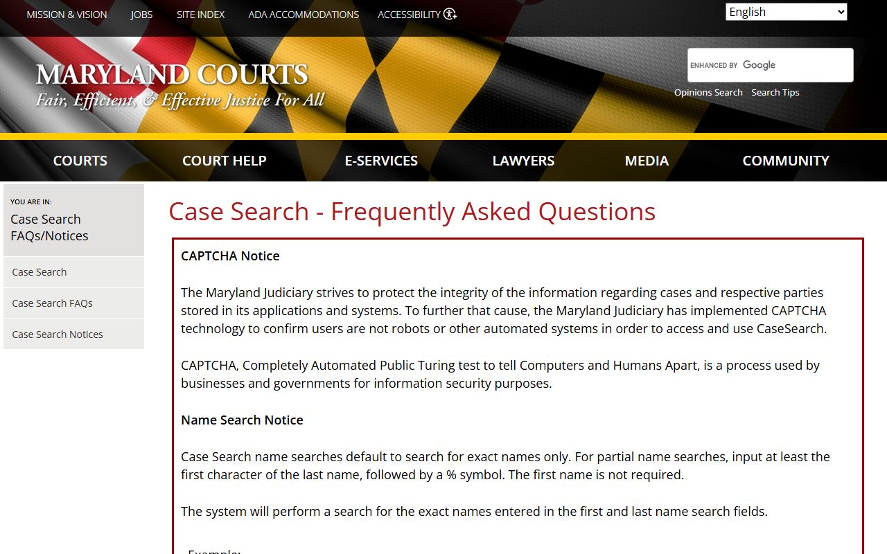 Maryland Case Search FAQ for Frederick County court records