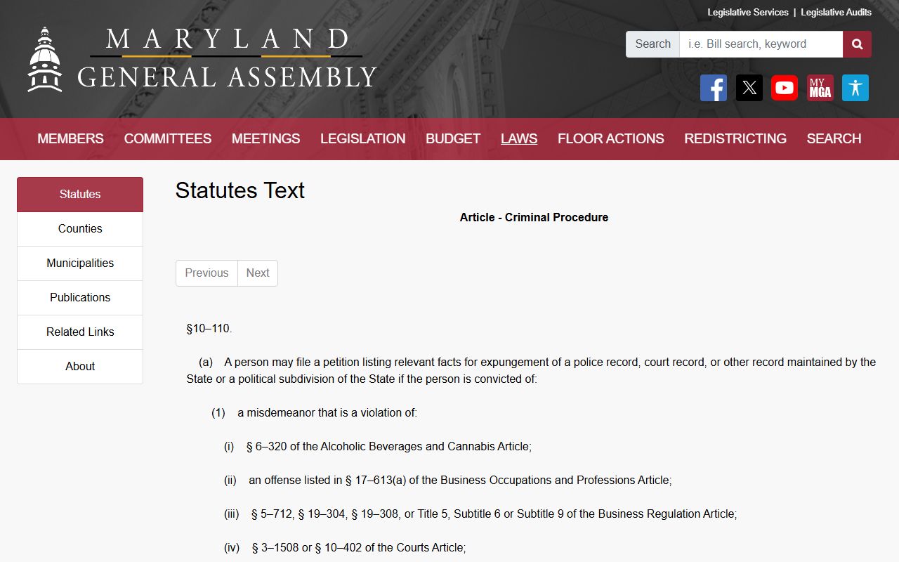 Maryland Criminal Procedure 10-110 conviction expungement for Frederick County
