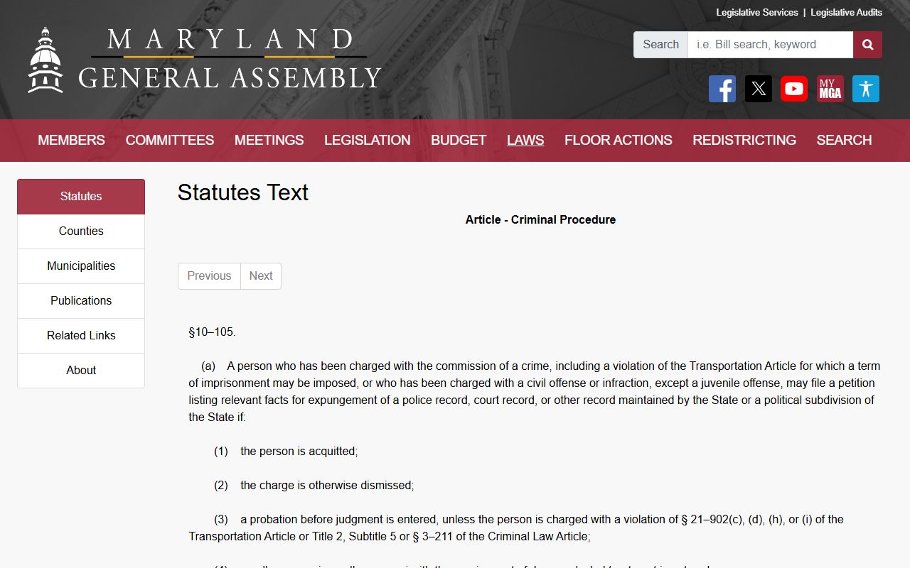 Maryland Criminal Procedure 10-105 expungement statute for Frederick County records