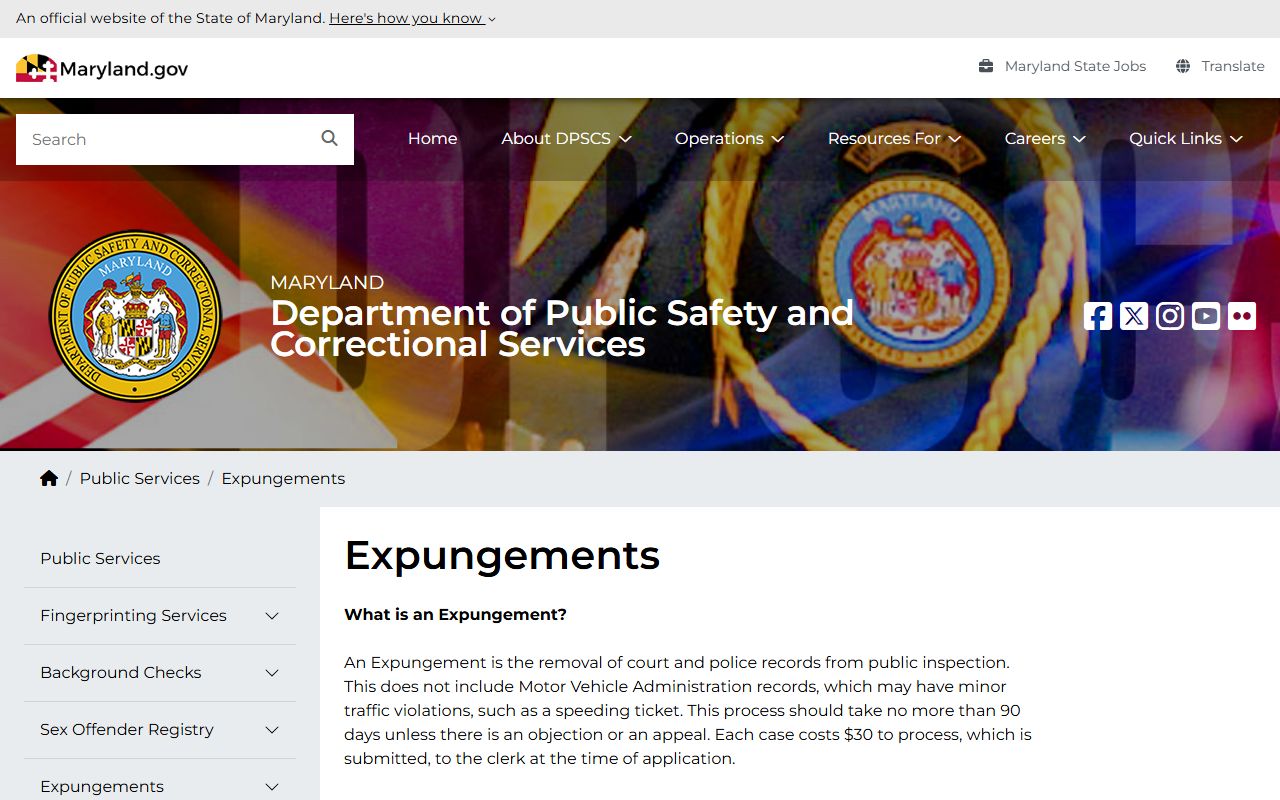 Maryland DPSCS expungement page for Frederick County criminal records