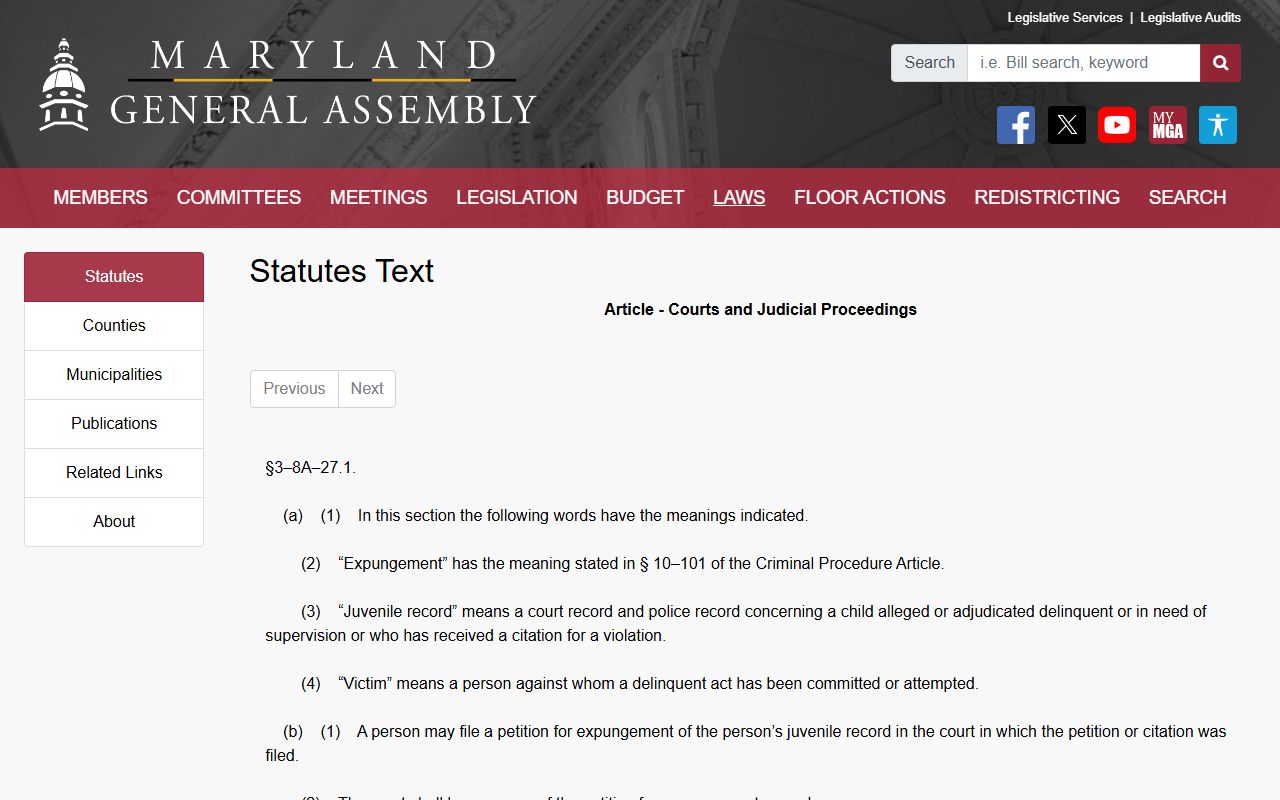 Maryland juvenile expungement statute for Frederick County juvenile records