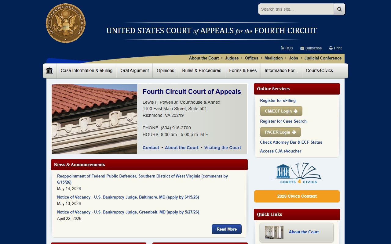 Fourth Circuit Court of Appeals records page covering Maryland