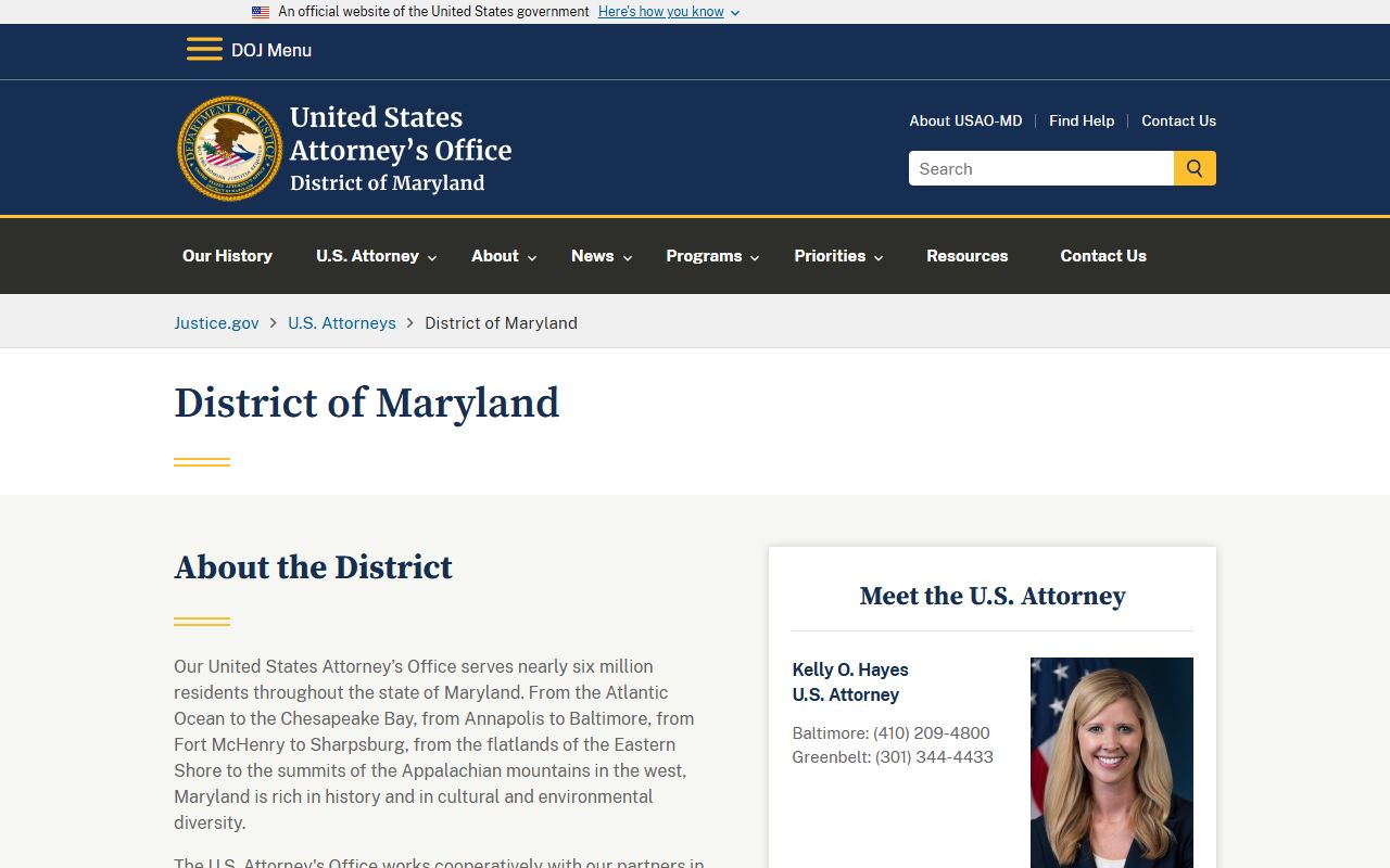 U.S. Attorney for Maryland page tied to Frederick County federal cases