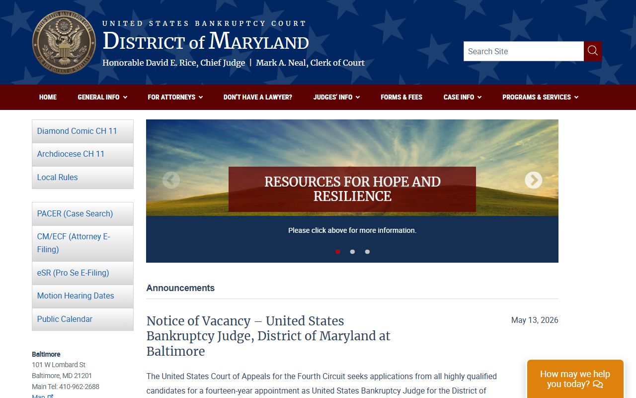 U.S. Bankruptcy Court for Maryland records page for Frederick County