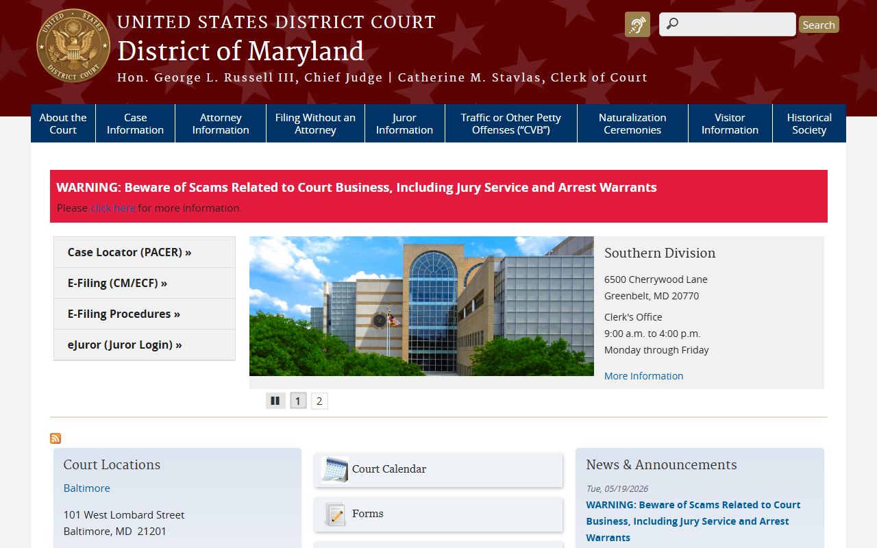 U.S. District Court for Maryland federal court records page
