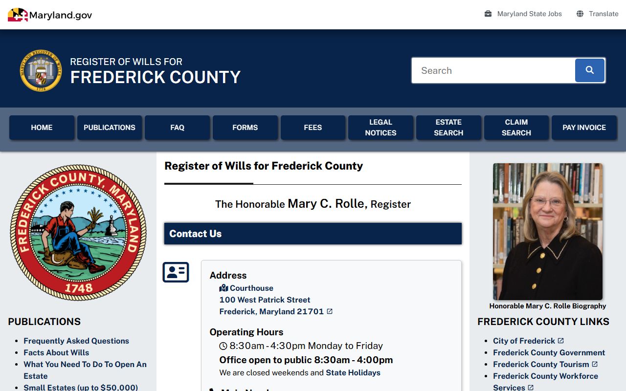 Frederick County Register of Wills page for probate and estate court records