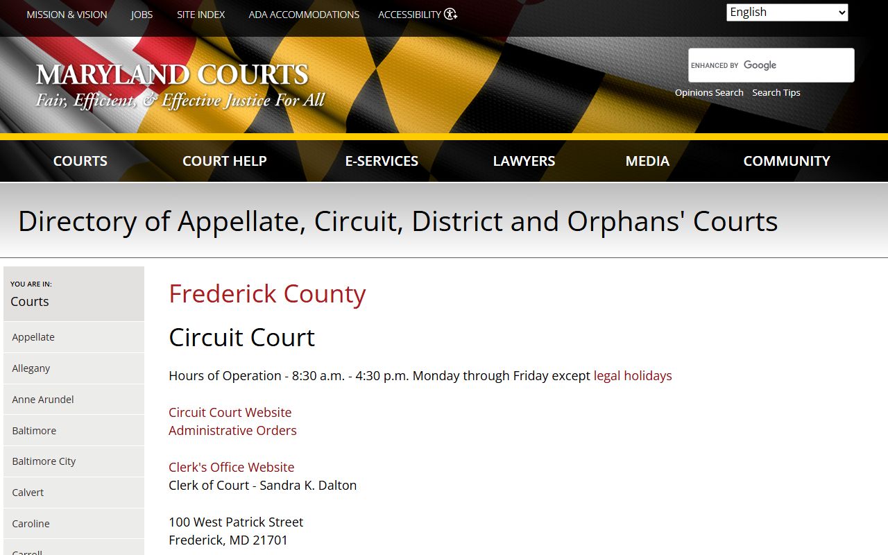 Maryland Judiciary directory of Frederick County court records offices