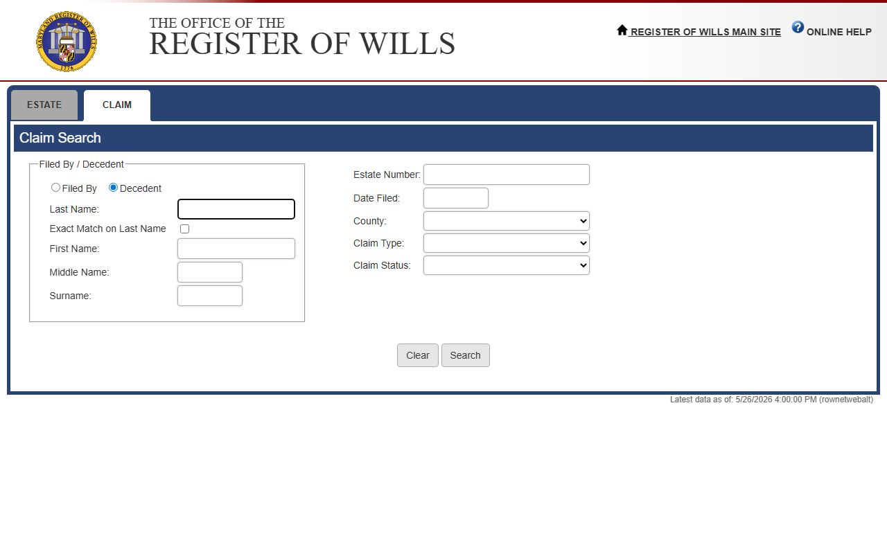 Maryland Register of Wills claim search for Frederick County estates
