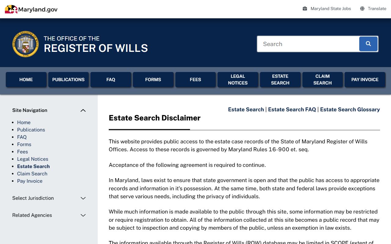 Maryland EstateSearch portal for Frederick County probate records