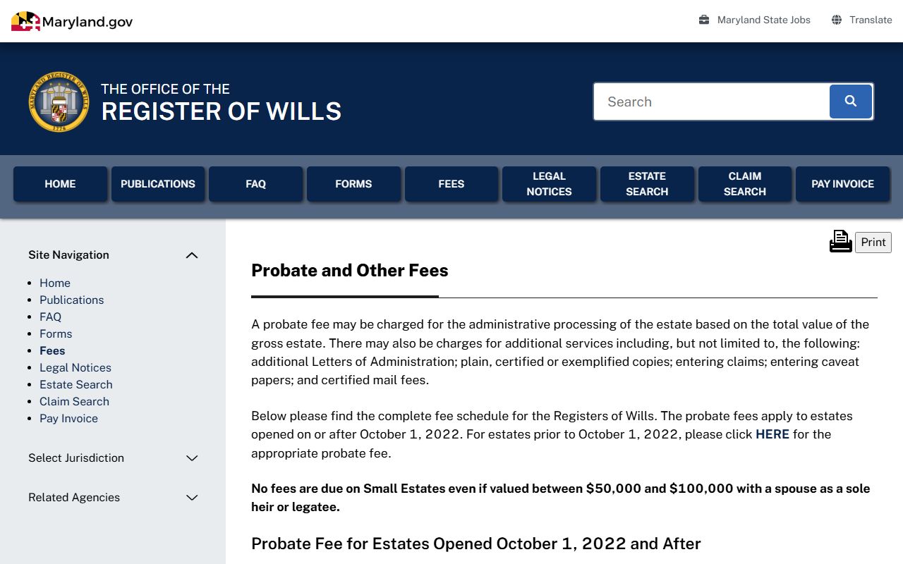 Maryland Register of Wills fee schedule for Frederick County probate records
