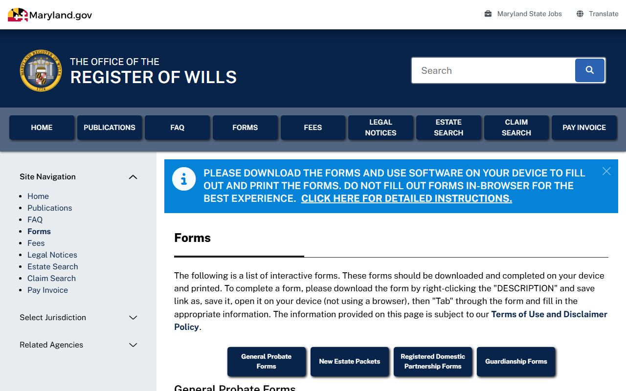 Maryland Register of Wills probate forms library for Frederick County