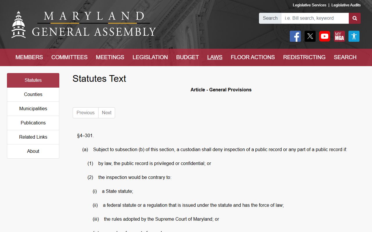 Maryland PIA confidential records statute for Frederick County