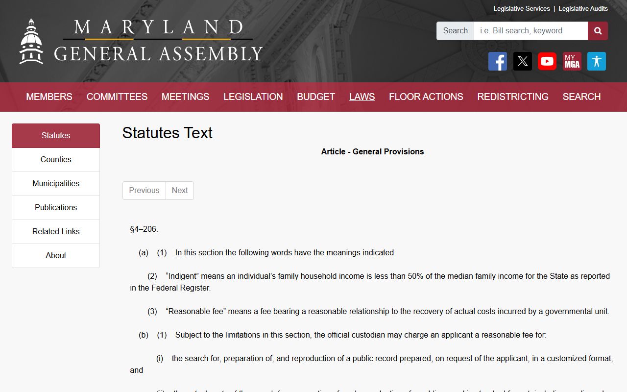 Maryland PIA fees statute for Frederick County public records