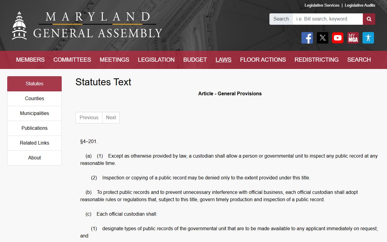 Maryland PIA right to inspect statute for Frederick County records