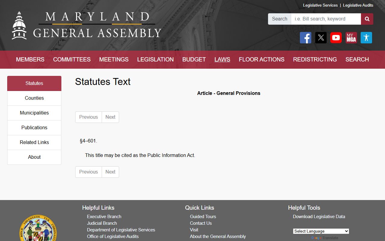 Maryland PIA short title statute for Frederick County public records
