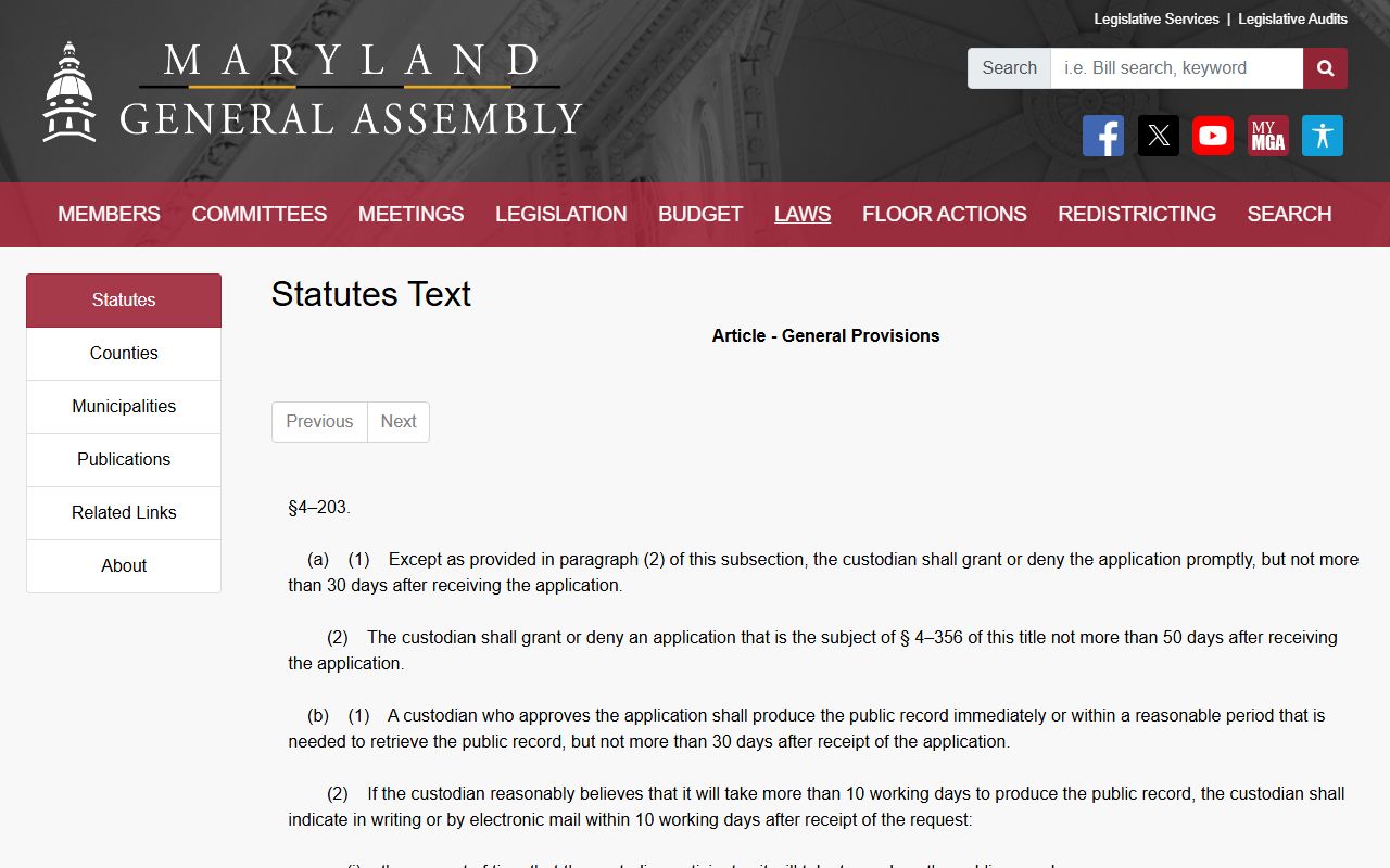 Maryland PIA timing and denial statute for Frederick County records