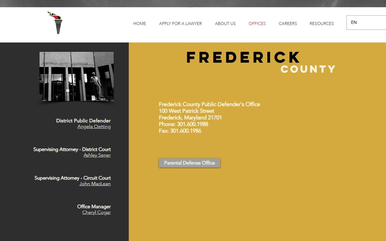 Maryland Public Defender Frederick page for released inmate legal help