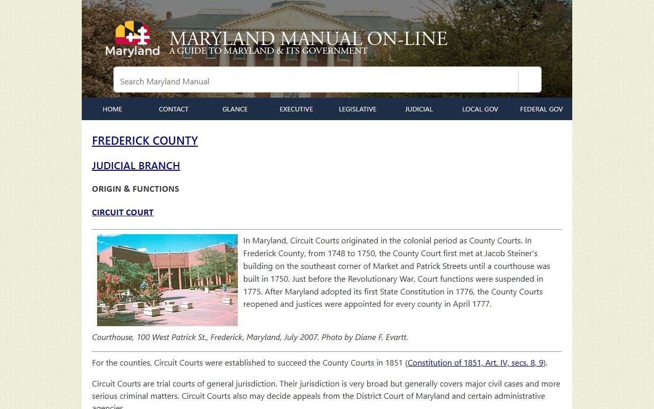 Maryland Manual page on the Frederick County judicial branch and court records